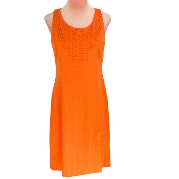 PETER NYGARD PETITE DRESS SIZE 8 ORANGE BEADED DETAIL SLEEVELESS SHEATH - Picture 2 of 7